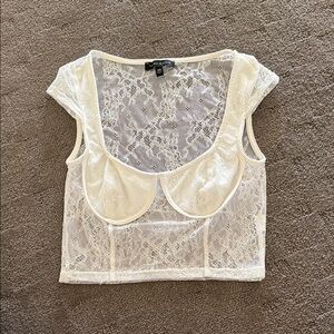 Kendall & Kylie Lace Cap Sleeve Crop Top - Cream